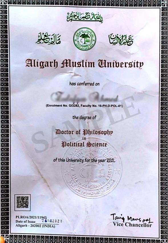 Aligarh Muslim University sample certificate