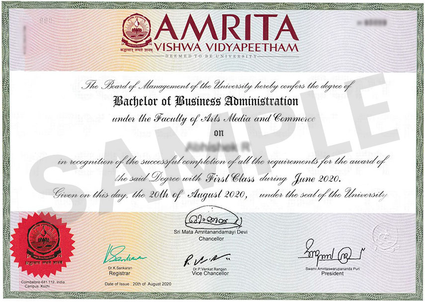 Amrita online ahead sample certificate