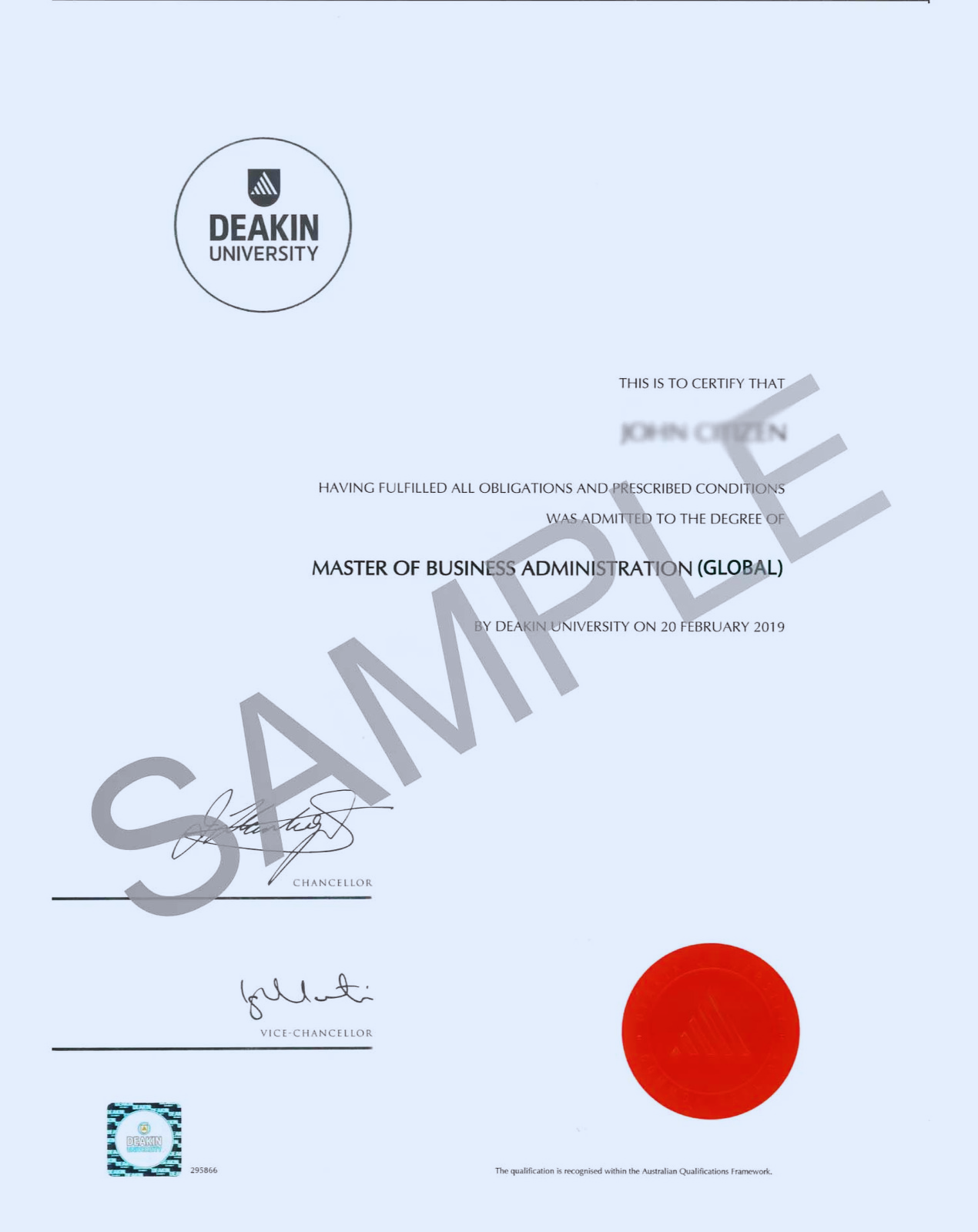Deakin Business School sample degree certificate