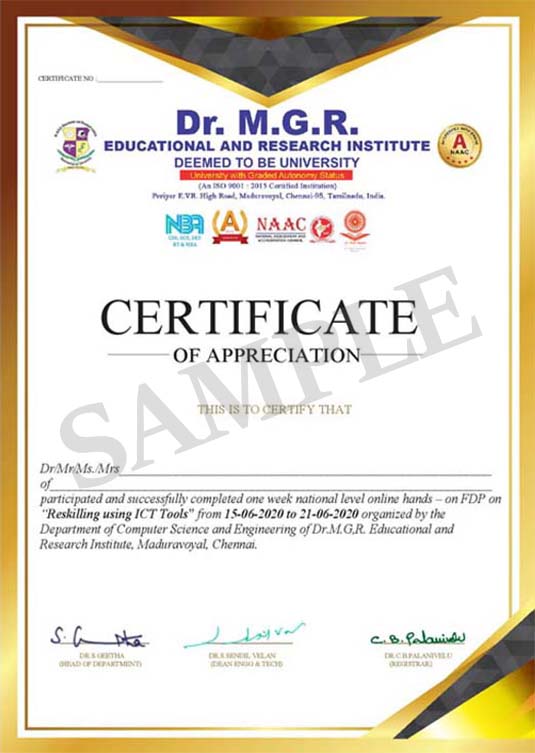 Dr MGR Educational And Research Institute sample certificate