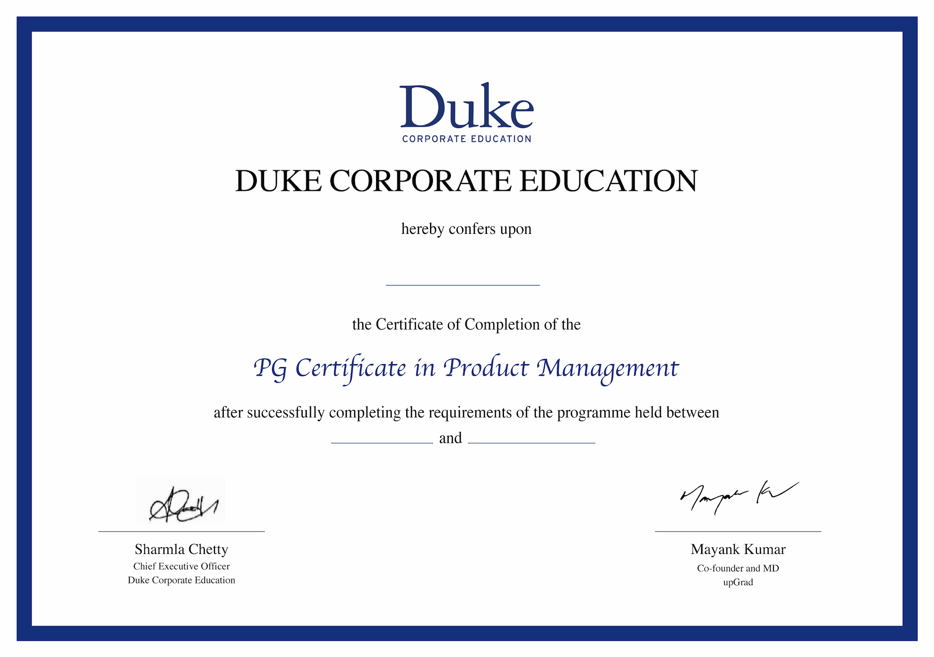 Duke Corporate Education Sample Certificate