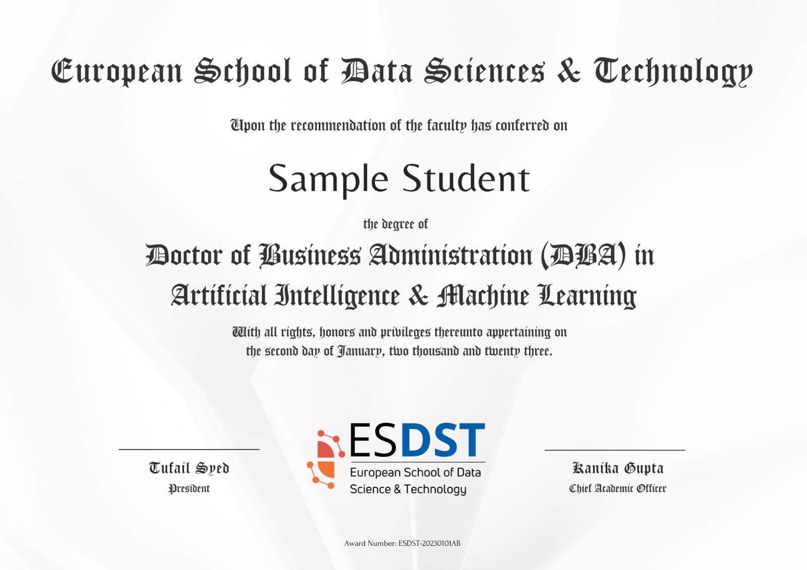 ESDST Sample Certificate