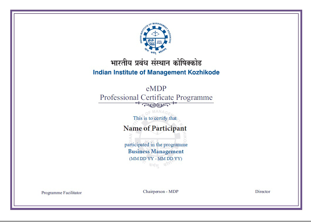 IIM Kozhikode sample certificate