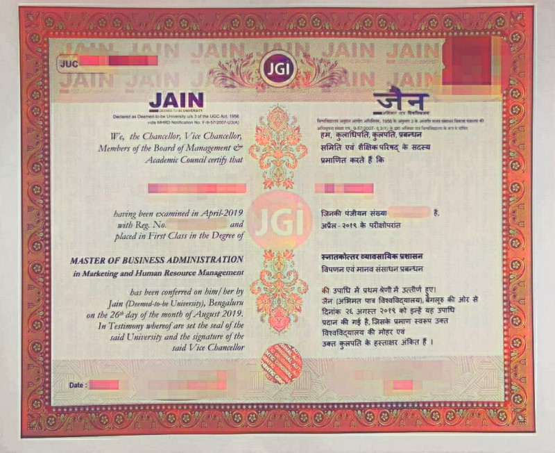 Jain online university certificate