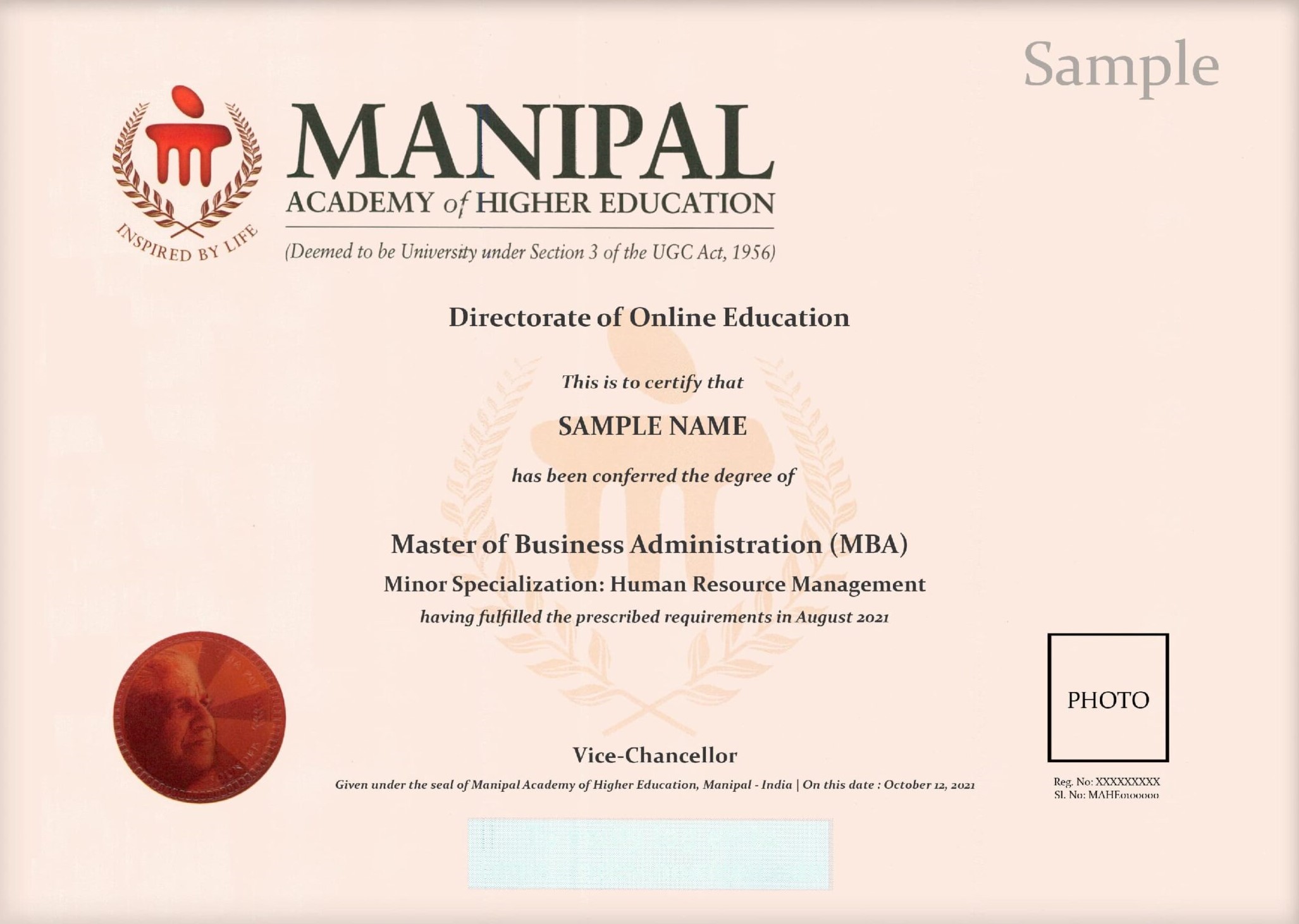 MAHE Sample certificate