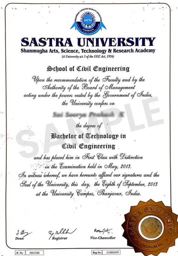 SASTRA university online sample certificate