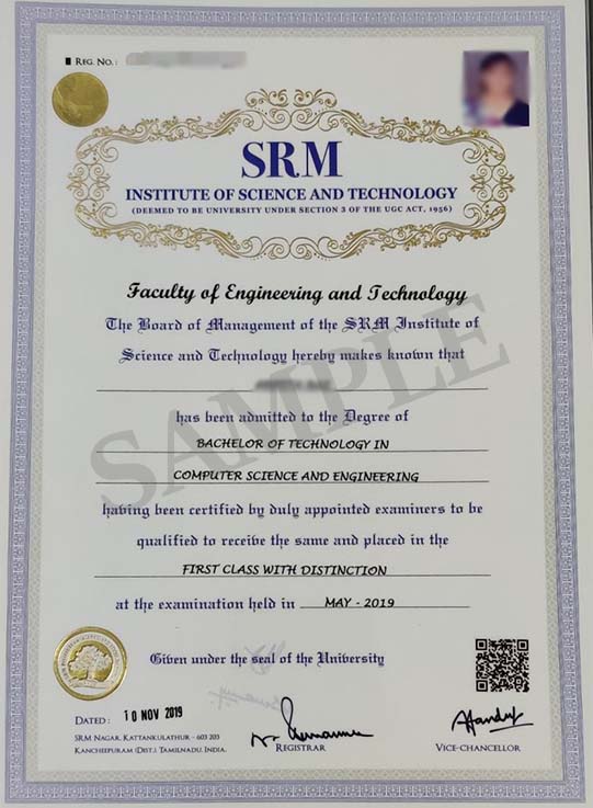 SRM Institute Of Sciences And Technology sample certificate
