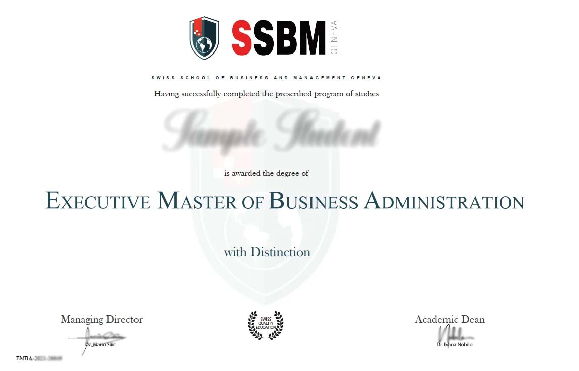 Swiss School of Business Management sample certificate