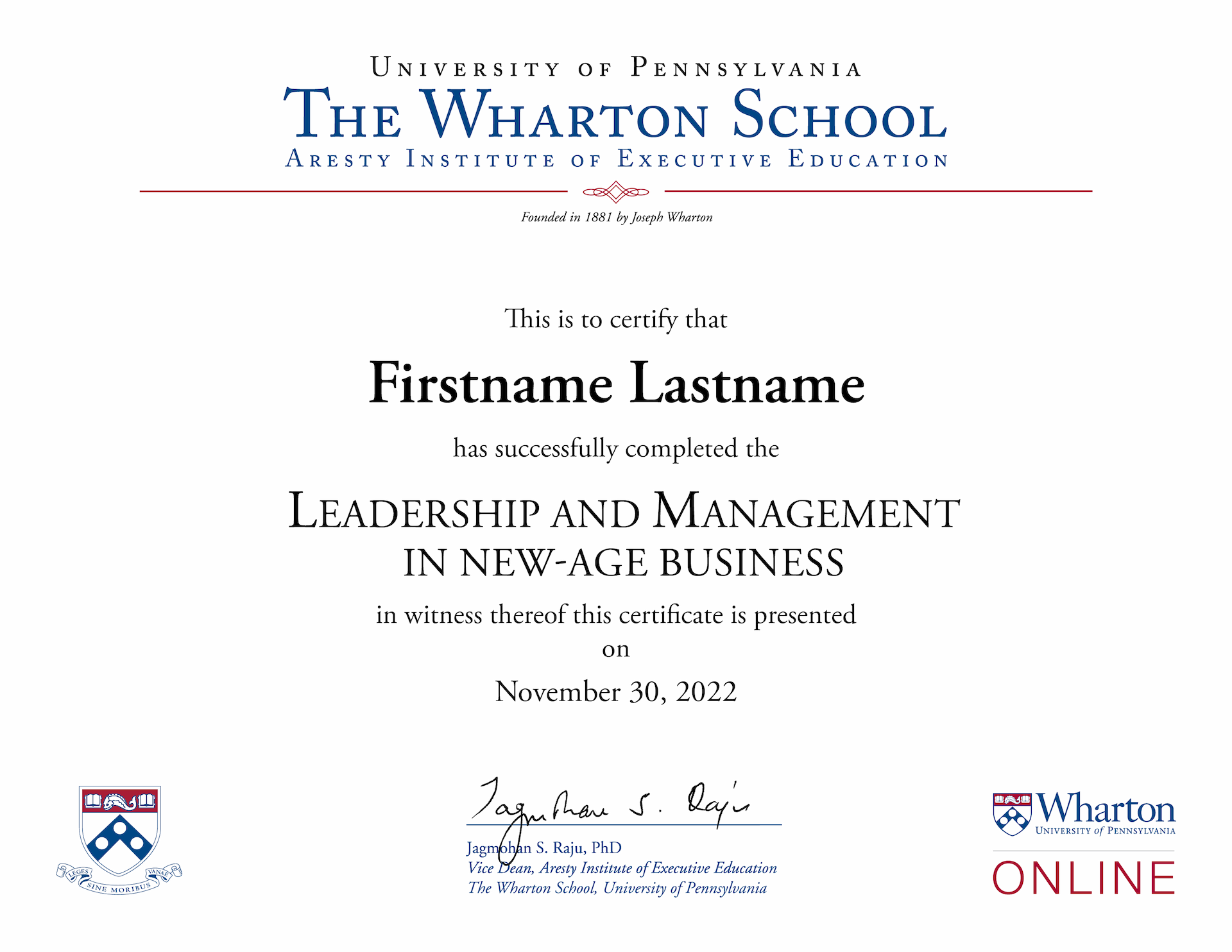 The Wharton School Sample Certificate