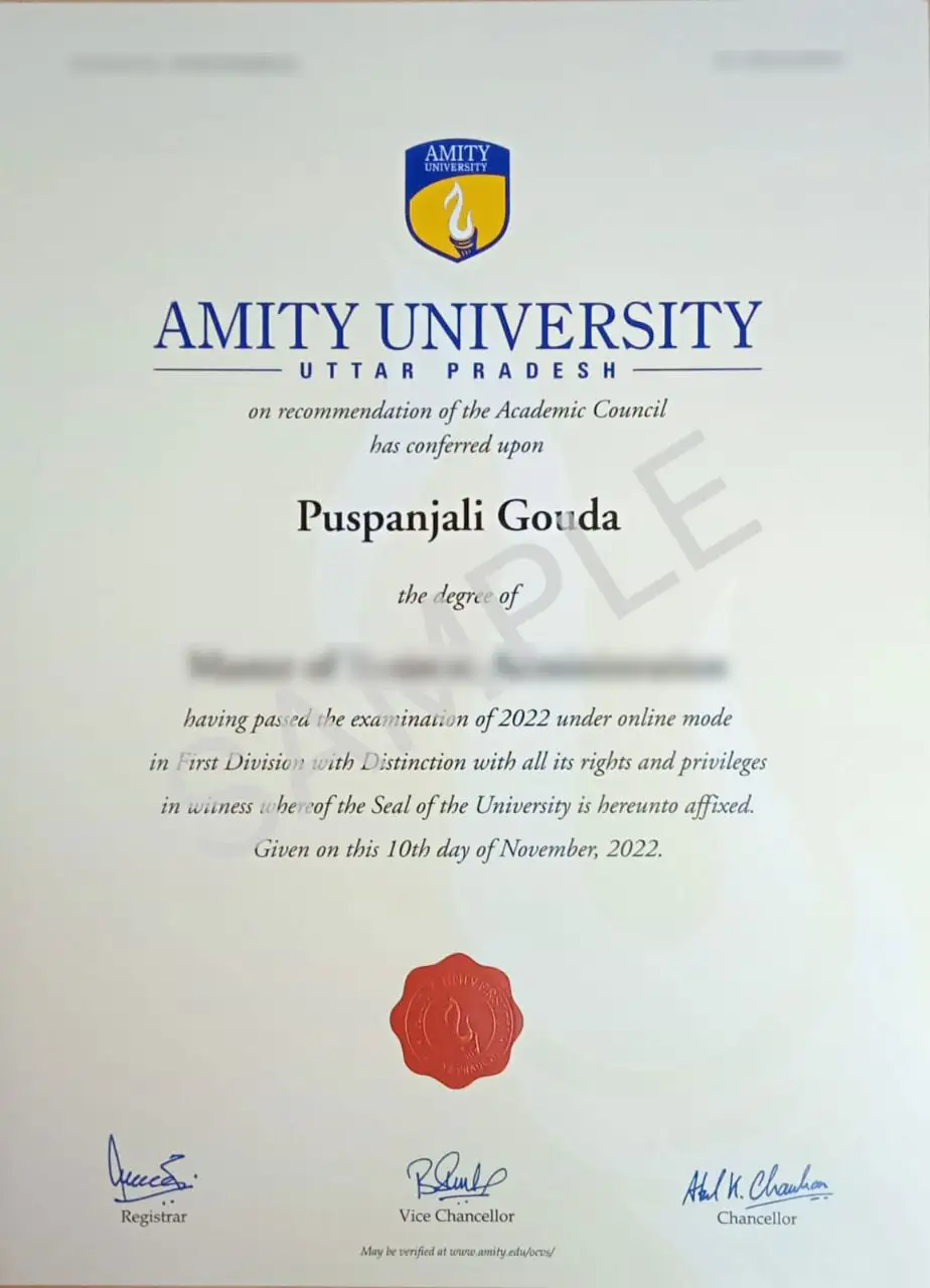amity online sample degree certificate