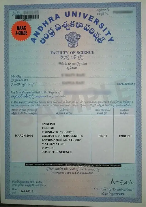 andhra university sample certificate..