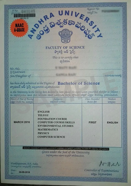 andhra university sample certificate