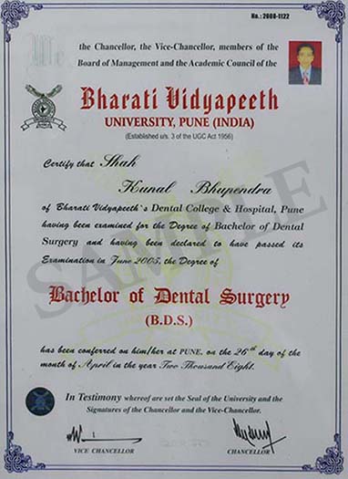 bharti vidyapeeth sample certificate