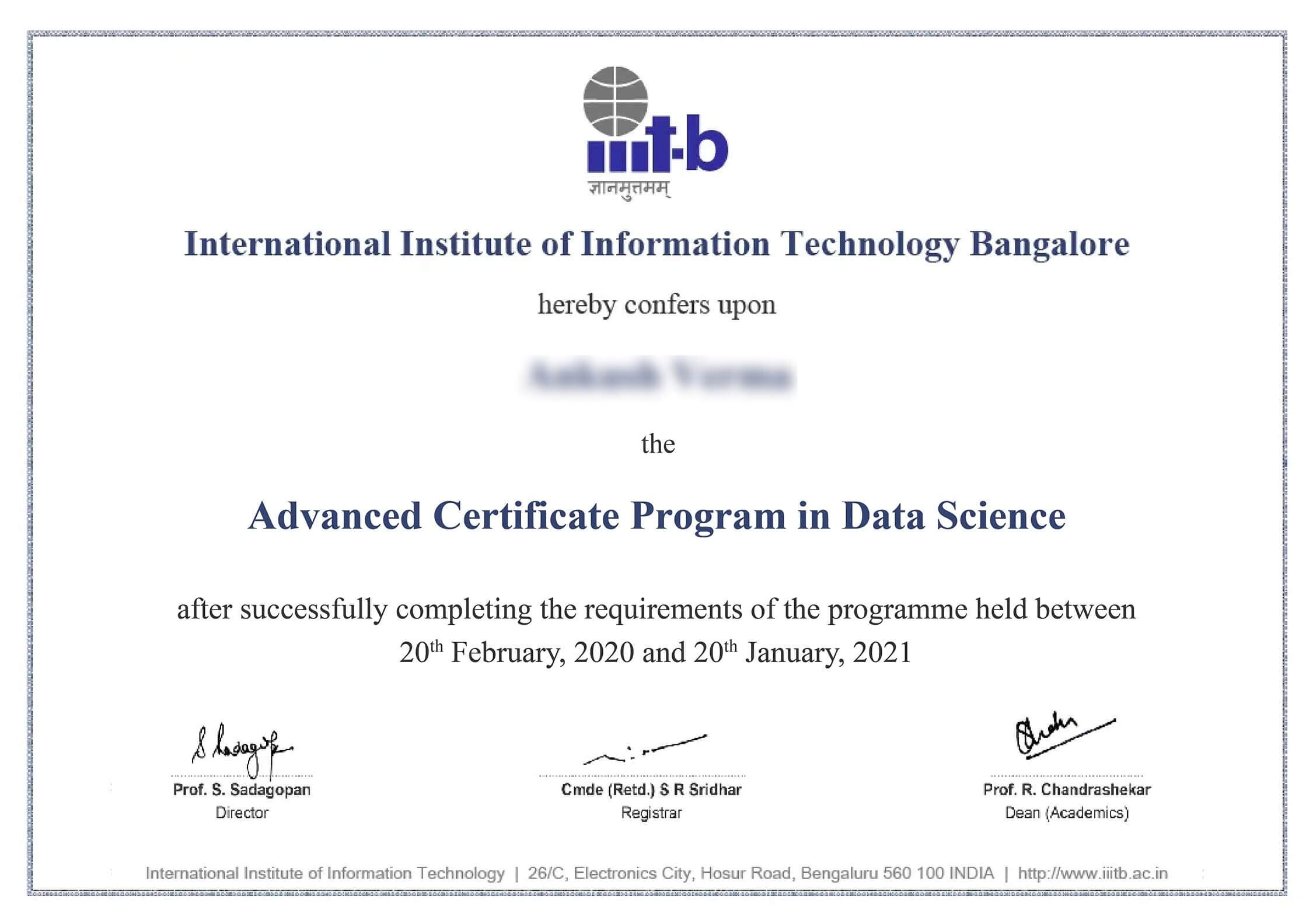 iit bangalore sample certificate