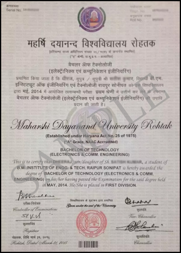 mdu maharshi dayanand university sample certificate