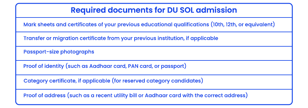Required documents for DU SOL admission