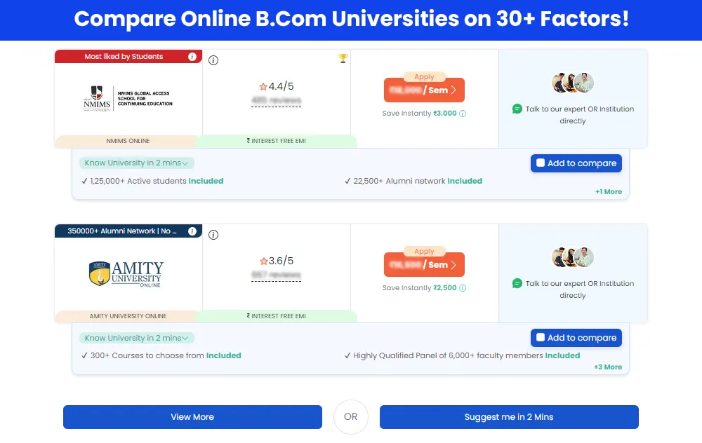 compare online bcom universities on 30 factors